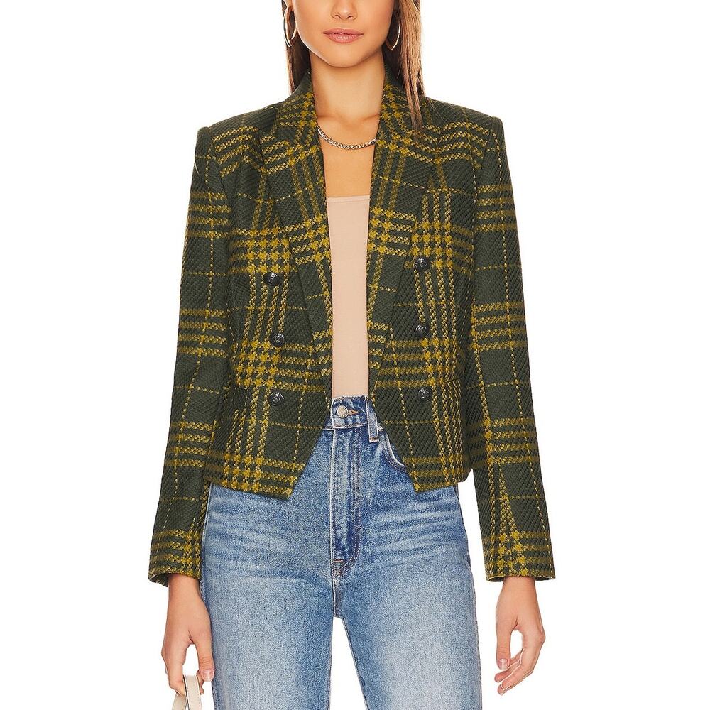 L'AGENCE Green and Yellow Plaid Double-Breasted Blazer